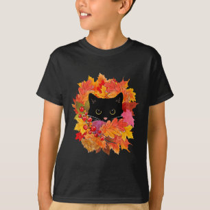Cute Black Cat Pile Of Leaves Fall Autumn Season T-Shirt
