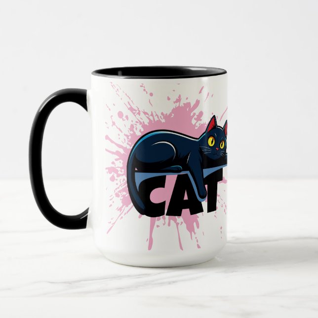 Cute Black Cat Pink Paint Splatter Two-Tone Mug (Left)
