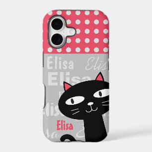 Cute Black Cat Pink Polka Dots Add Your Name