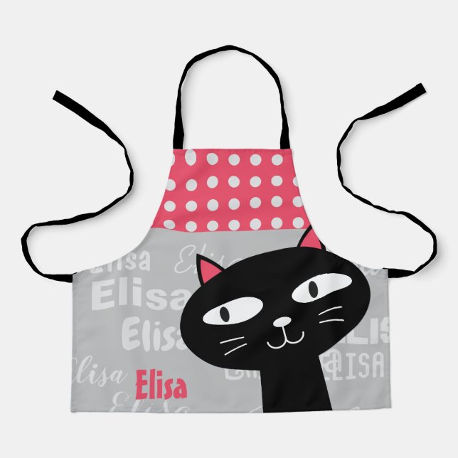 Cute Black Cat Pink Polka Dots Add Your Name Apron (Front)