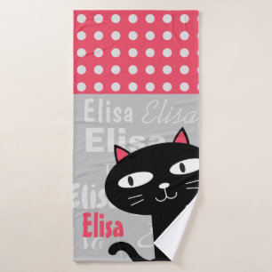 Cute Black Cat Pink Polka Dots Add Your Name Bath Towel