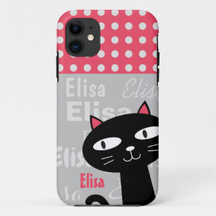 Cute Black Cat Pink Polka Dots Add Your Name Case-Mate iPhone Case