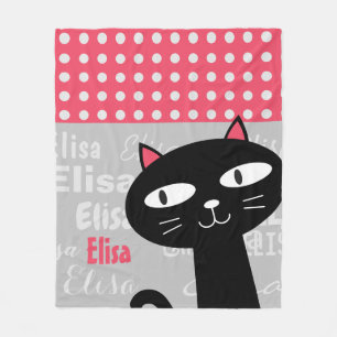 Cute Black Cat Pink Polka Dots Add Your Name Fleece Blanket