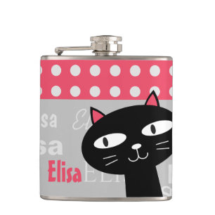 Cute Black Cat Pink Polka Dots Add Your Name Hip Flask
