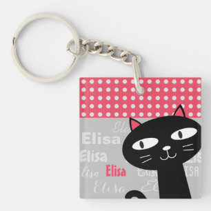 Cute Black Cat Pink Polka Dots Add Your Name Key Ring