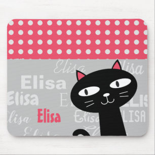 Cute Black Cat Pink Polka Dots Add Your Name Mouse Pad