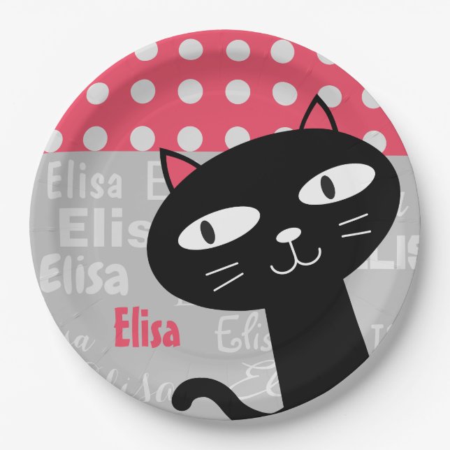 Cute Black Cat Pink Polka Dots Add Your Name Paper Plate (Front)