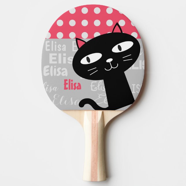 Cute Black Cat Pink Polka Dots Add Your Name Ping Pong Paddle (Front)