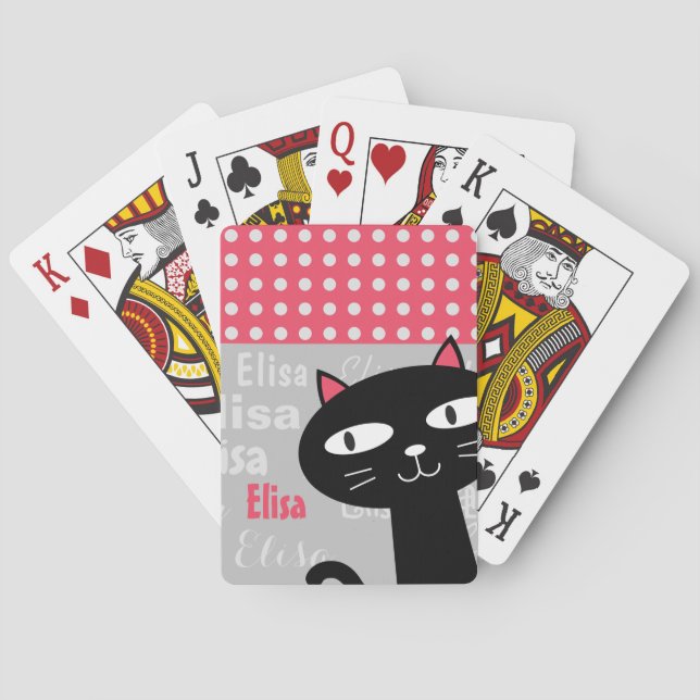 Cute Black Cat Pink Polka Dots Add Your Name Playing Cards (Back)