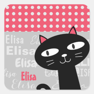 Cute Black Cat Pink Polka Dots Add Your Name Square Sticker