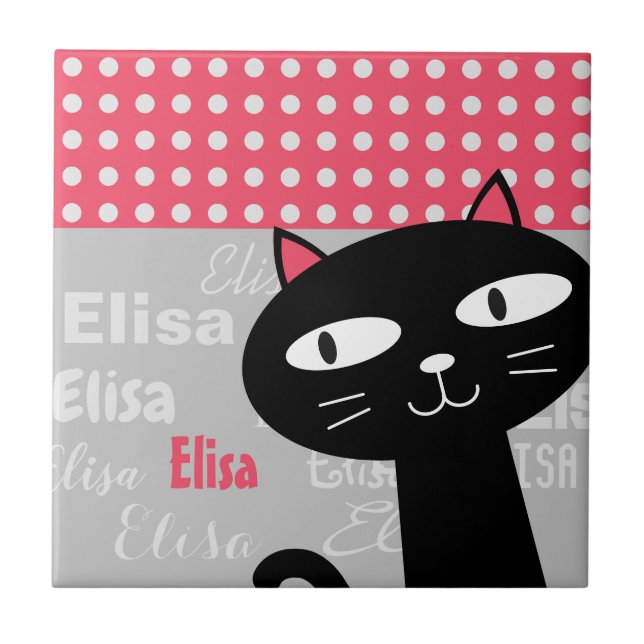 Cute Black Cat Pink Polka Dots Add Your Name Tile (Front)