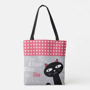 Cute Black Cat Pink Polka Dots Add Your Name Tote Bag