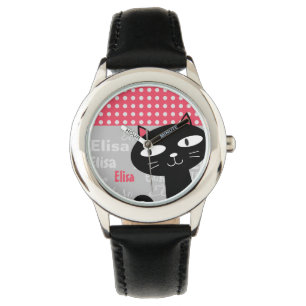 Cute Black Cat Pink Polka Dots Add Your Name Watch