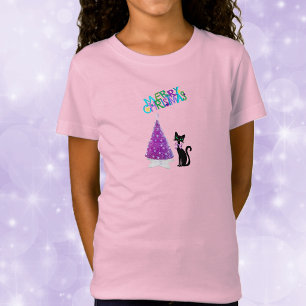 Cute black Cat Pink Shiny Merry Christmas Tree T-Shirt