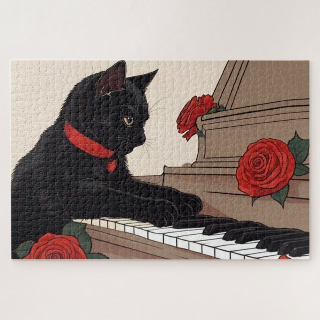Cute Black Cat Playing Piano Jigsaw Puzzle (Horizontal)