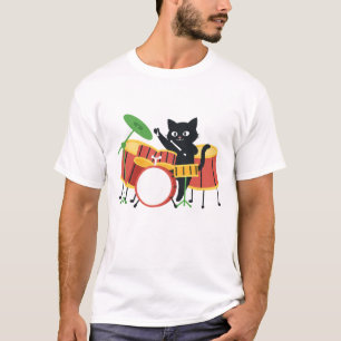 Cute Black Cat Playing The Drums Funny Musician T-Shirt