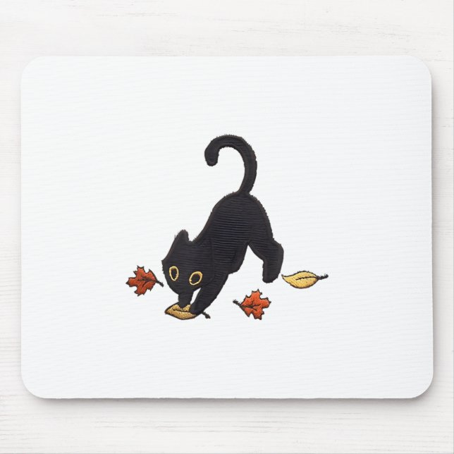 Cute Black Cat Pouncing Leaves _1  Mouse Pad (Front)