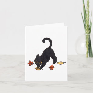 Cute Black Cat Pouncing Leaves Card