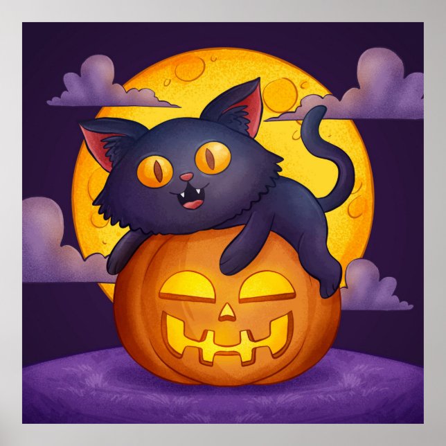 Cute Black Cat, Pumpkin and Moon Poster (Front)