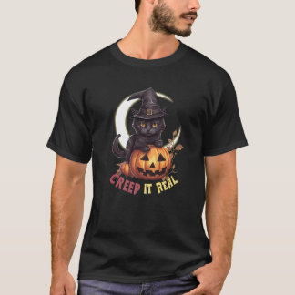 Cute Black Cat Pumpkin Creep It Real Crescent Moon T-Shirt