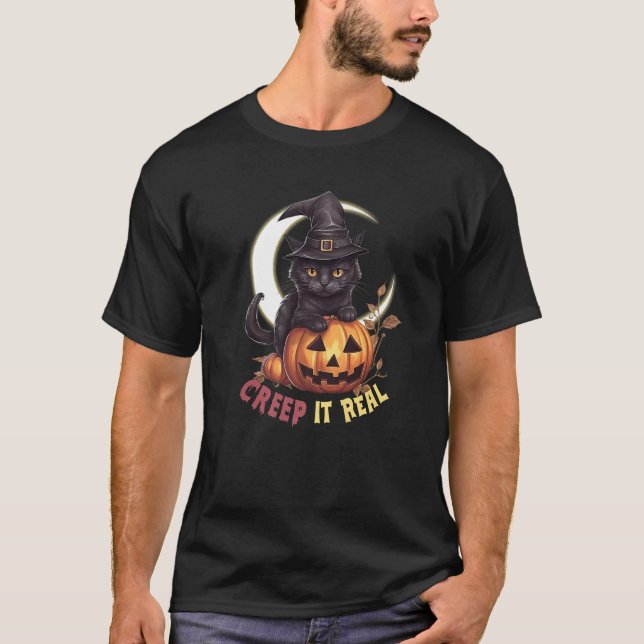 Cute Black Cat Pumpkin Creep It Real Crescent Moon T-Shirt (Front)