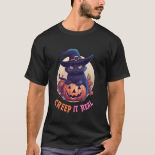 Cute Black Cat Pumpkin Creep It Real Full Moon Hal T-Shirt