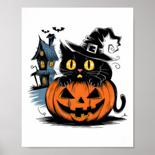 Cute Black Cat Pumpkin For Halloween And Thanksgiv Poster