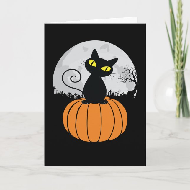 Cute Black Cat Pumpkin Full Moon Funny Halloween Card (Front)