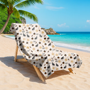 Cute Black Cat Pumpkin Halloween Pattern Beach Towel