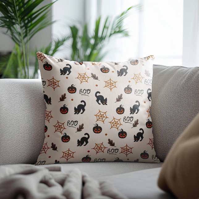 Cute Black Cat Pumpkin Halloween Pattern Cushion (Creator Uploaded)