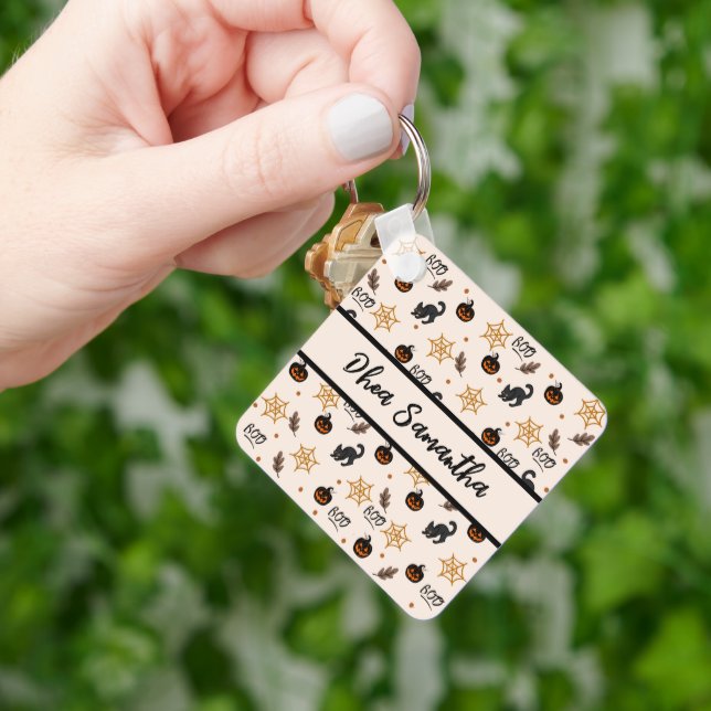 Cute Black Cat Pumpkin Halloween Pattern Key Ring (Hand)