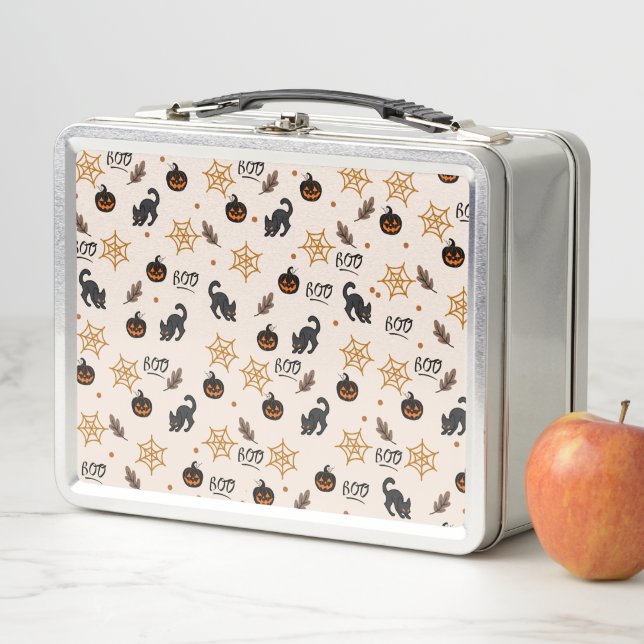 Cute Black Cat Pumpkin Halloween Pattern Metal Lunch Box (In Situ)