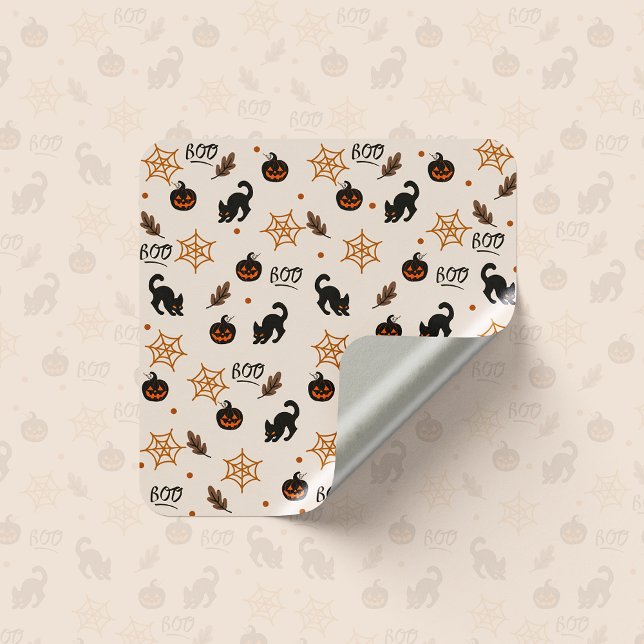 Cute Black Cat Pumpkin Halloween Pattern Square Sticker (Creator Uploaded)