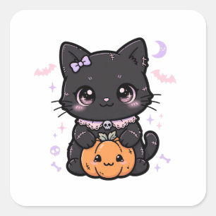 Cute Black Cat Pumpkin Halloween Square Sticker