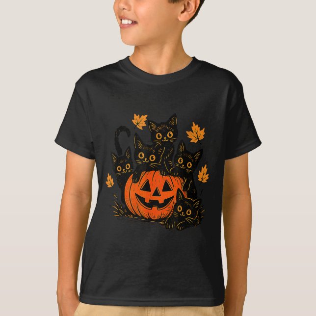 Cute Black Cat Pumpkin Jack O Lantern Kitty Funny T-Shirt (Front)
