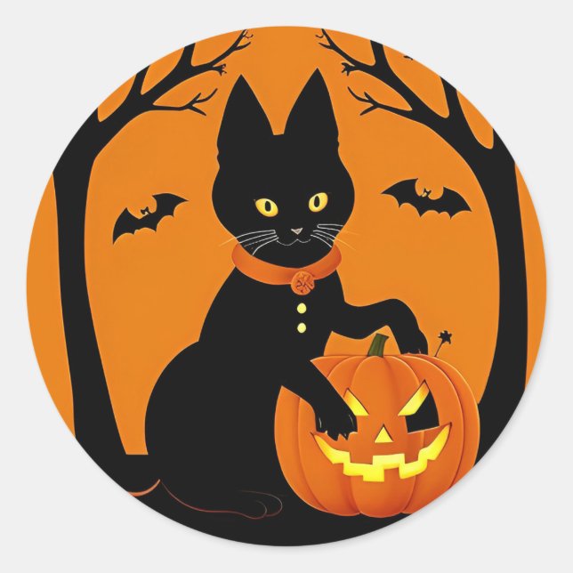 Cute Black Cat Pumpkin Witch Hat Halloween Decor  Classic Round Sticker (Front)