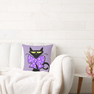 Cute Black Cat Purple Bow Polk a dot Throw Pillow
