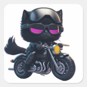 Cute Black Cat Riding Motorcycle Square Sticker