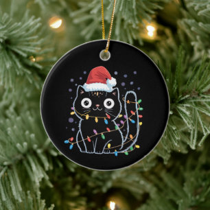 Cute Black Cat Santa Christmas Lights Meow Kitty Ceramic Tree Decoration