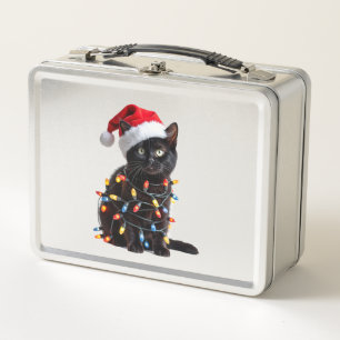 Cute Black Cat Santa Christmas Lights Meow Kitty K Metal Lunch Box