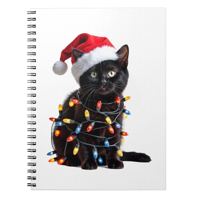 Cute Black Cat Santa Christmas Lights Meow Kitty K Notebook (Front)