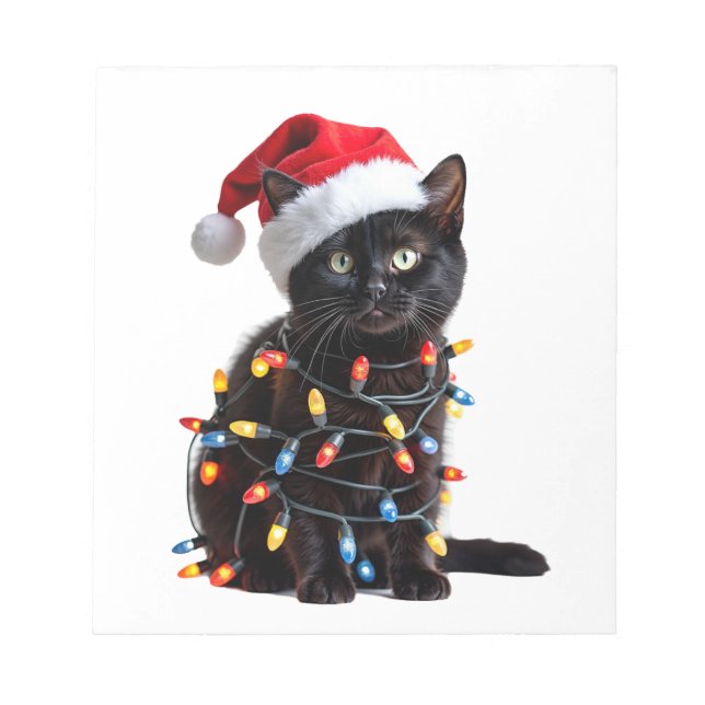 Cute Black Cat Santa Christmas Lights Meow Kitty K Notepad (Front)