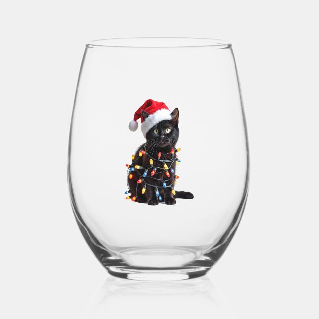 Cute Black Cat Santa Christmas Lights Meow Kitty K Stemless Wine Glass (Front)