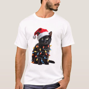 Cute Black Cat Santa Christmas Lights Meow Kitty K T-Shirt