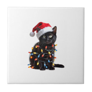 Cute Black Cat Santa Christmas Lights Meow Kitty K Tile