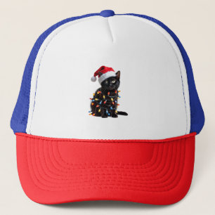 Cute Black Cat Santa Christmas Lights Meow Kitty K Trucker Hat