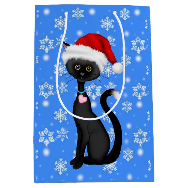 Cute Black Cat, Santa Hat and Snowflakes Christmas Medium Gift Bag (Front)