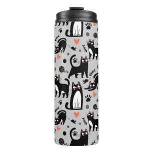 Cute Black Cat Seamless Pattern On A Light Gray Thermal Tumbler
