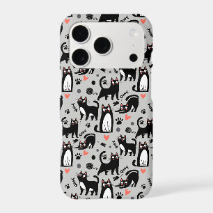 Cute Black Cat Seamless Pattern On A Light Grey