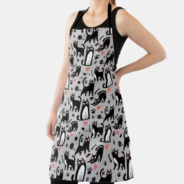 Cute Black Cat Seamless Pattern On A Light Grey Apron (Insitu)